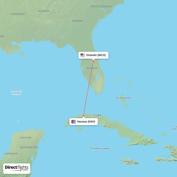 Havana - Orlando direct flight map