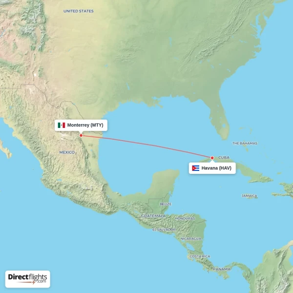 Havana - Monterrey direct flight map