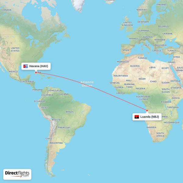 Havana - Luanda direct flight map