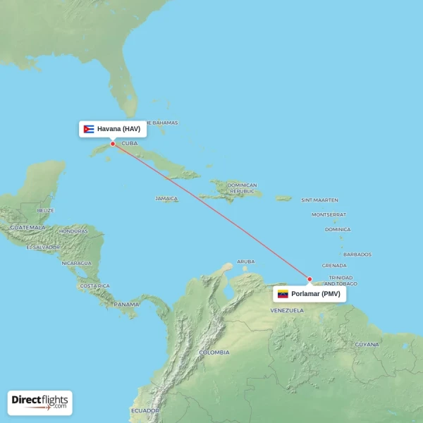 Havana - Porlamar direct flight map