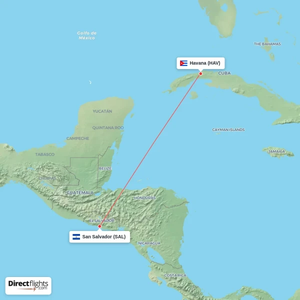 Havana - San Salvador direct flight map