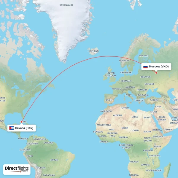 Havana - Moscow direct flight map