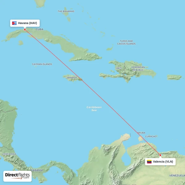 Havana - Valencia direct flight map