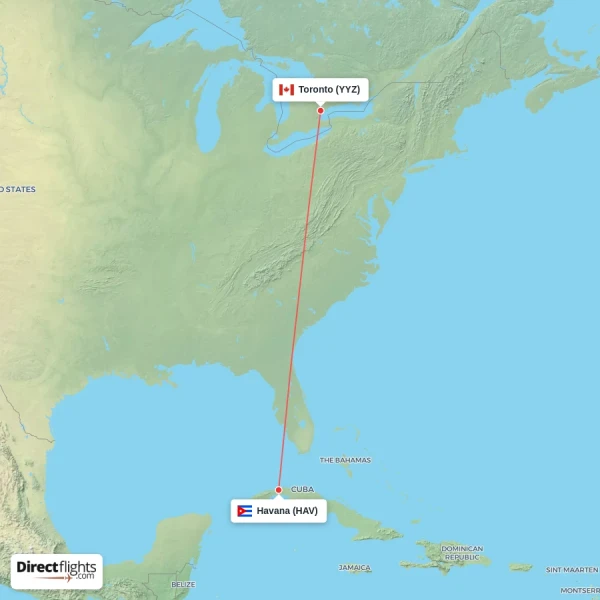 Havana - Toronto direct flight map