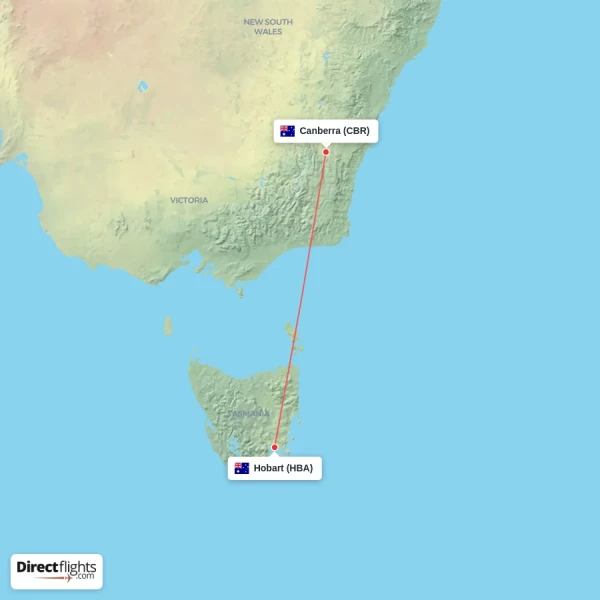 Hobart - Canberra direct flight map