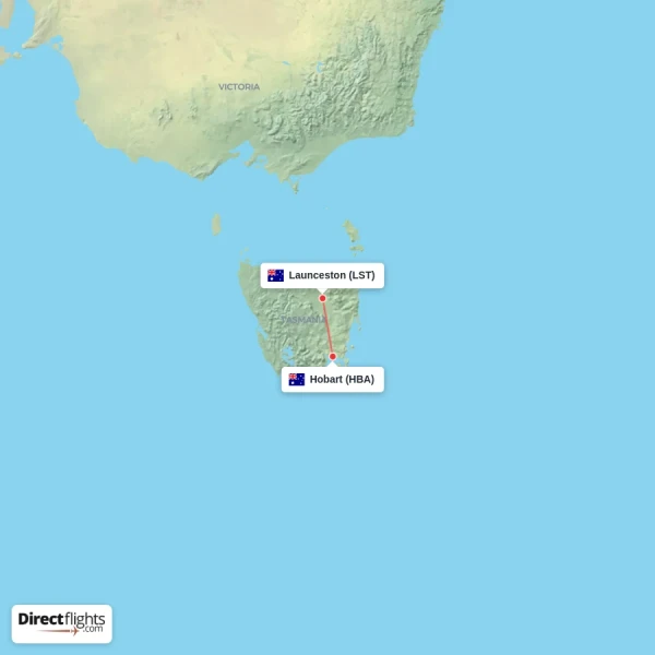 Hobart - Launceston direct flight map