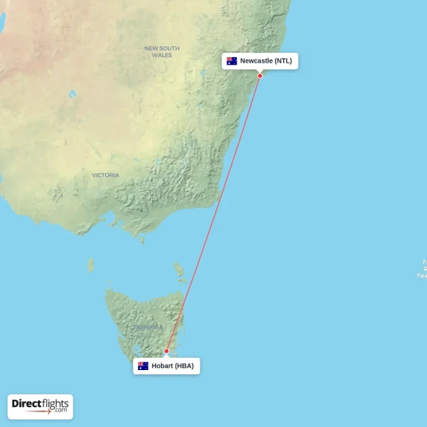 Hobart - Newcastle direct flight map