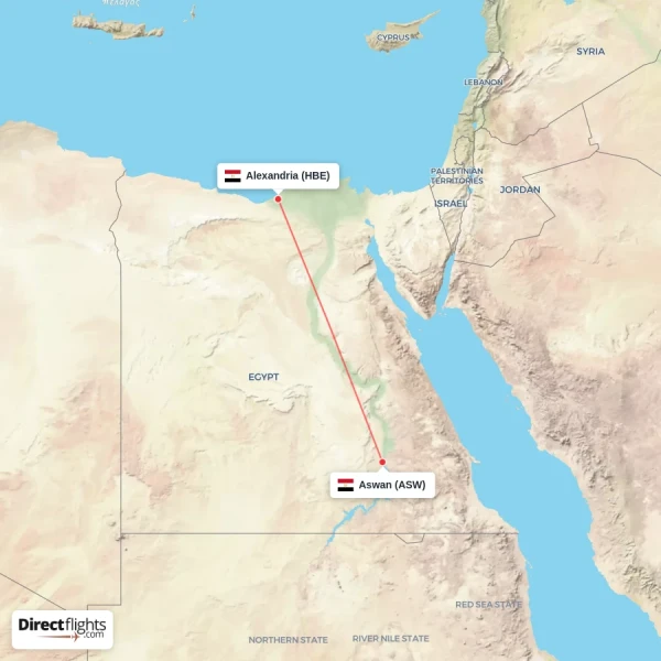 Alexandria - Aswan direct flight map