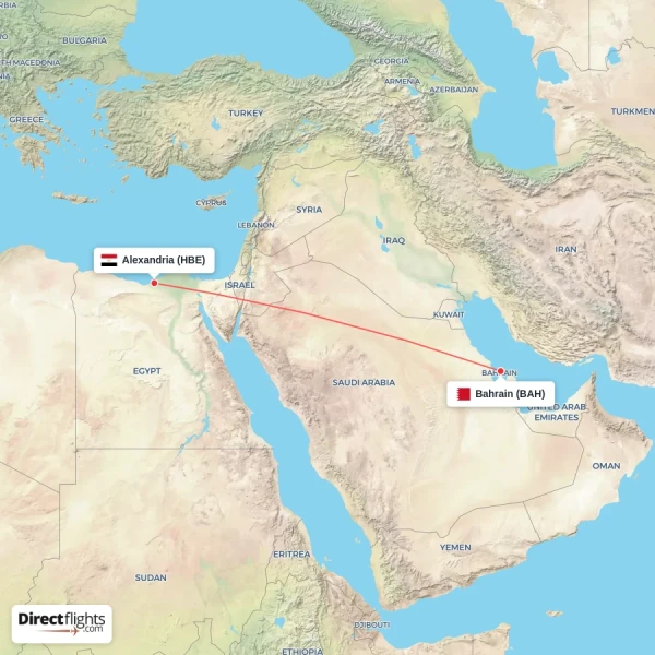 Alexandria - Bahrain direct flight map