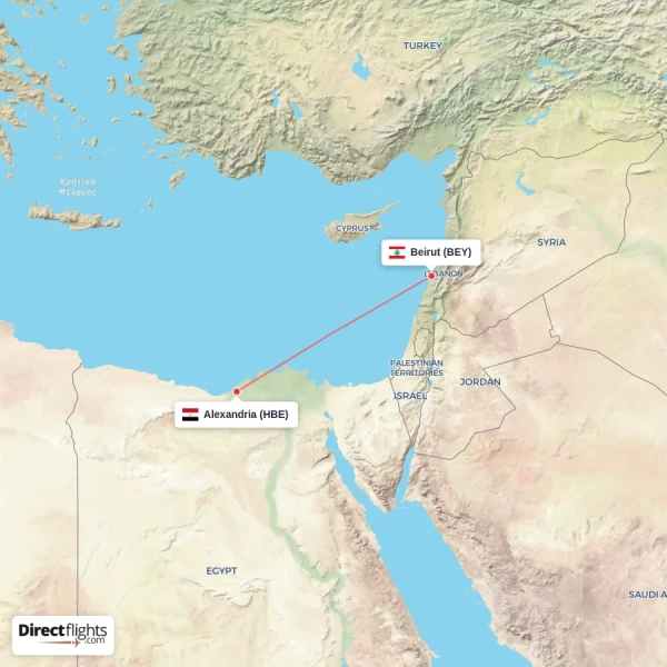 Alexandria - Beirut direct flight map
