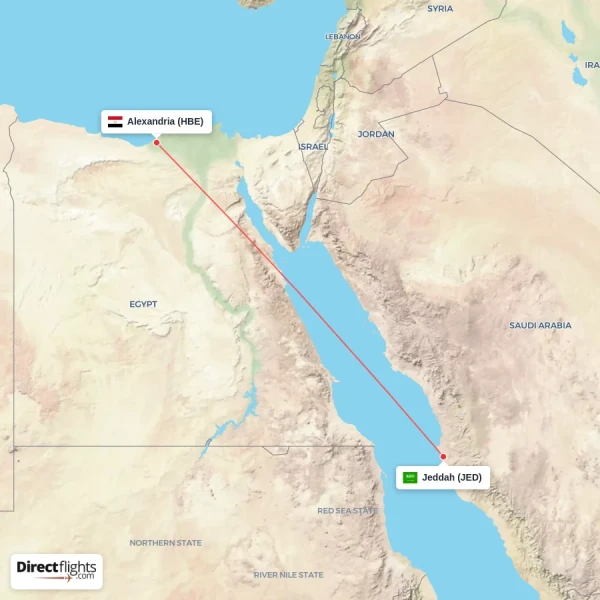 Alexandria - Jeddah direct flight map