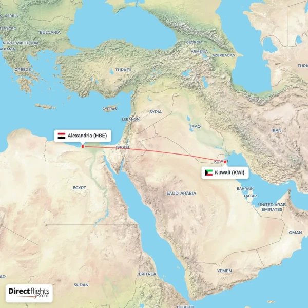 Alexandria - Kuwait direct flight map