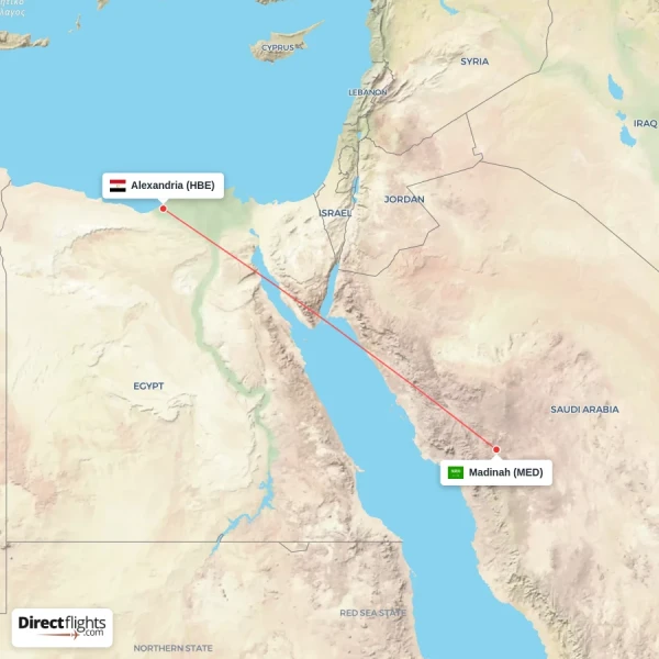 Alexandria - Madinah direct flight map