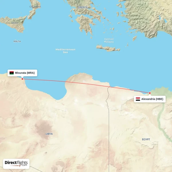 Alexandria - Misurata direct flight map