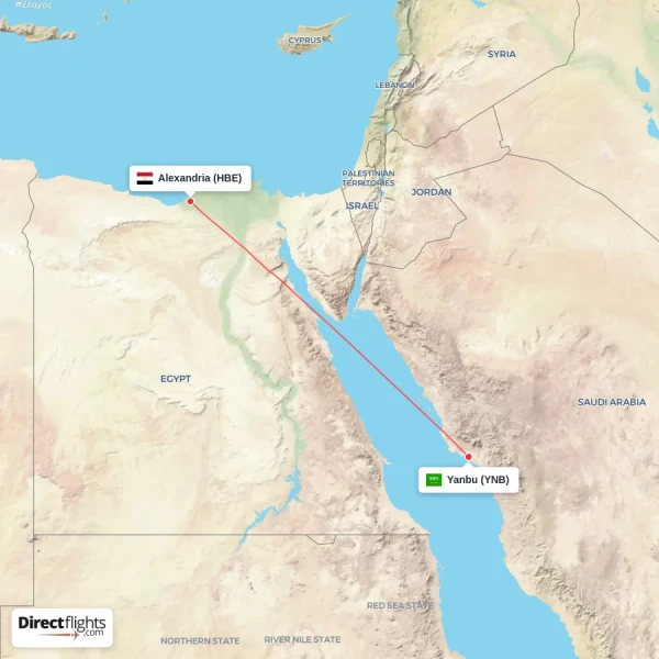 Alexandria - Yanbu direct flight map