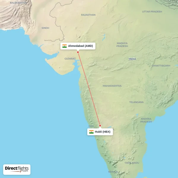 Hubli - Ahmedabad direct flight map