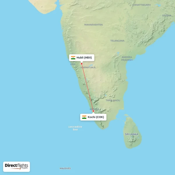 Hubli - Kochi direct flight map