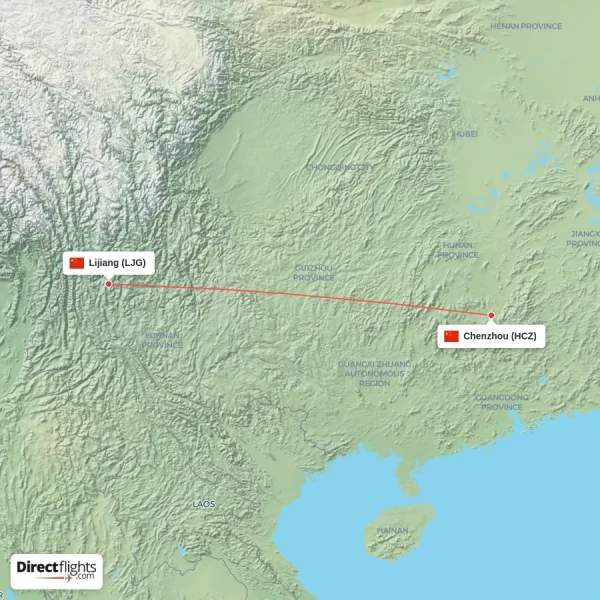 Chenzhou - Lijiang direct flight map