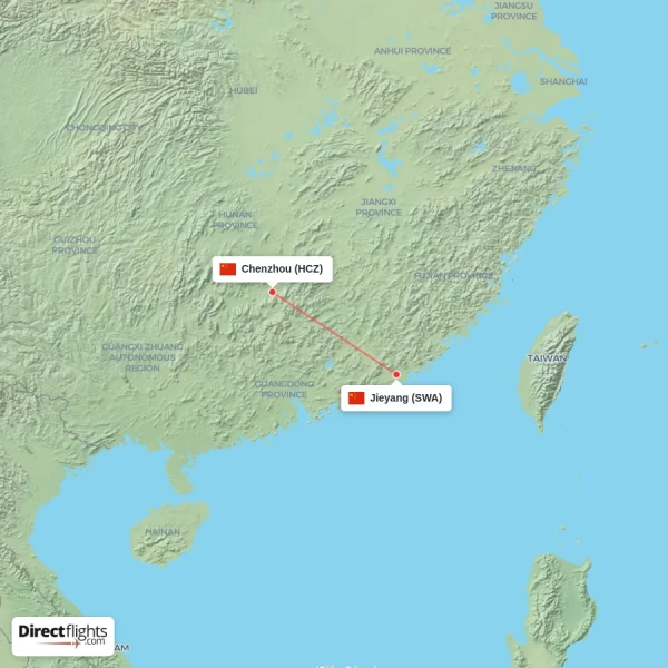 Chenzhou - Jieyang direct flight map