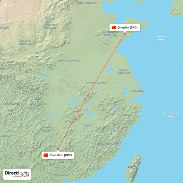 Chenzhou - Qingdao direct flight map