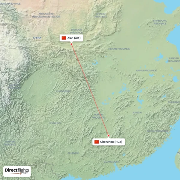 Chenzhou - Xian direct flight map