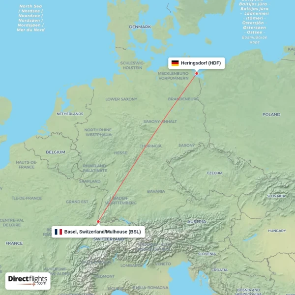 Heringsdorf - Basel, Switzerland/Mulhouse direct flight map