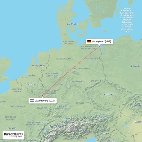 Heringsdorf - Luxembourg direct flight map
