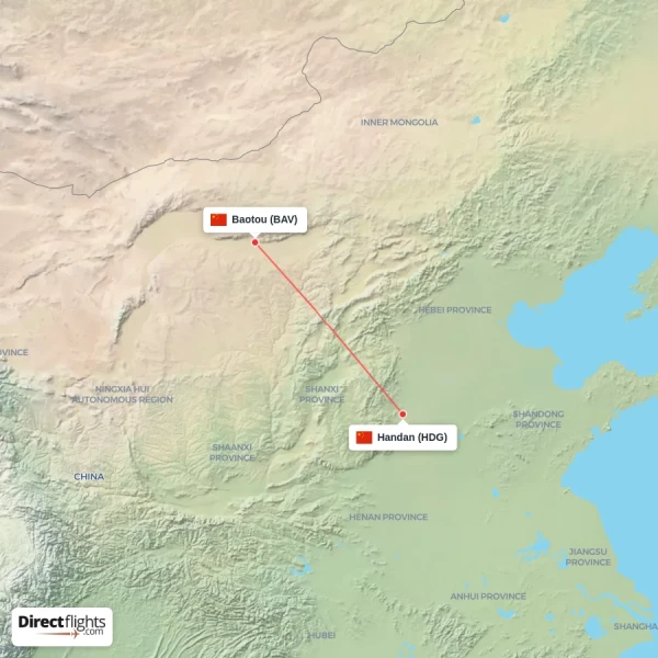 Handan - Baotou direct flight map