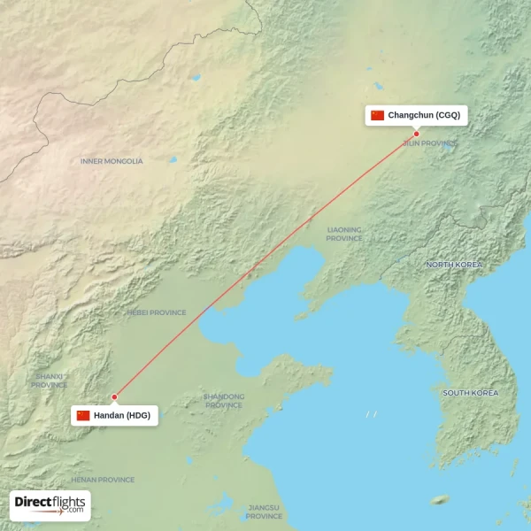 Handan - Changchun direct flight map
