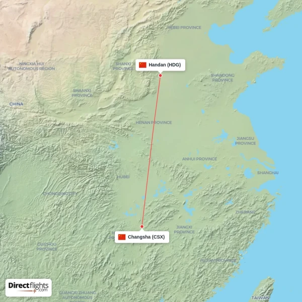 Handan - Changsha direct flight map
