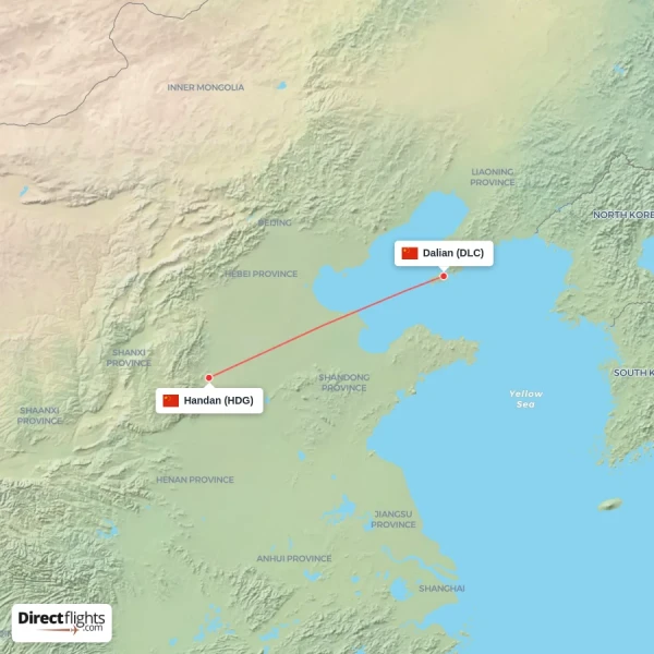 Handan - Dalian direct flight map
