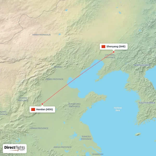 Handan - Shenyang direct flight map