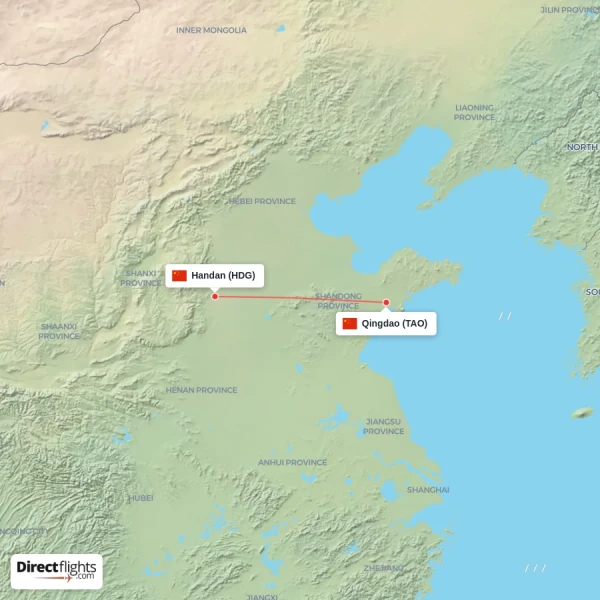 Handan - Qingdao direct flight map
