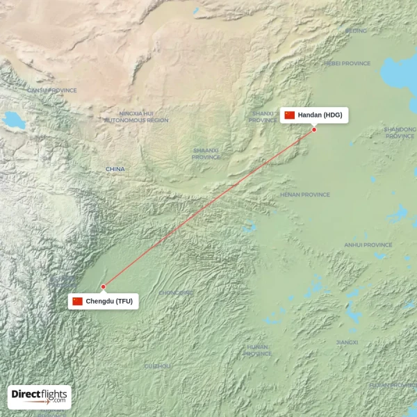 Handan - Chengdu direct flight map
