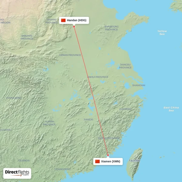 Handan - Xiamen direct flight map