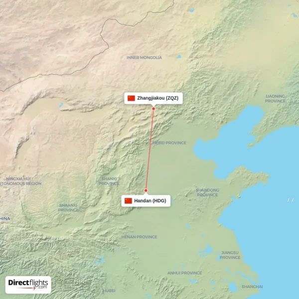 Handan - Zhangjiakou direct flight map