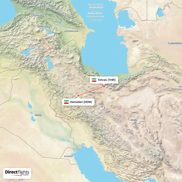 Hamadan - Tehran direct flight map