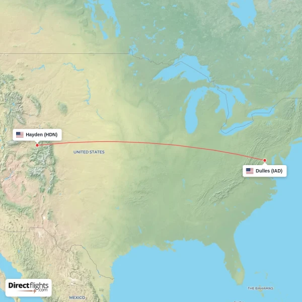 Hayden - Dulles direct flight map