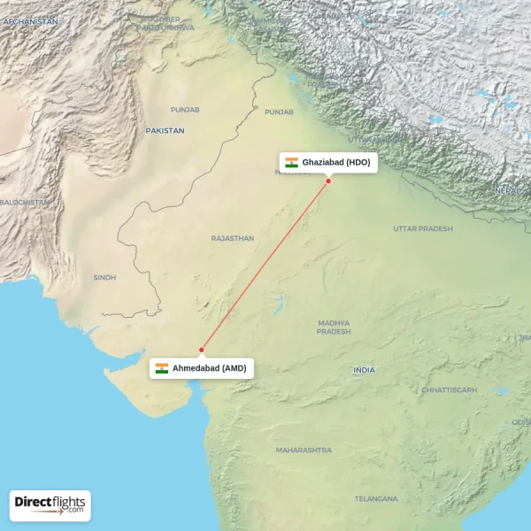 Ghaziabad - Ahmedabad direct flight map