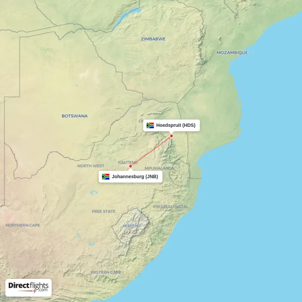 Hoedspruit - Johannesburg direct flight map