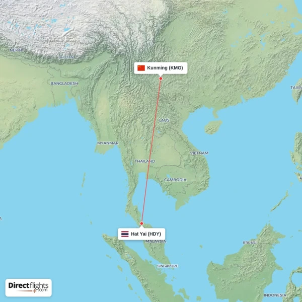 Hat Yai - Kunming direct flight map