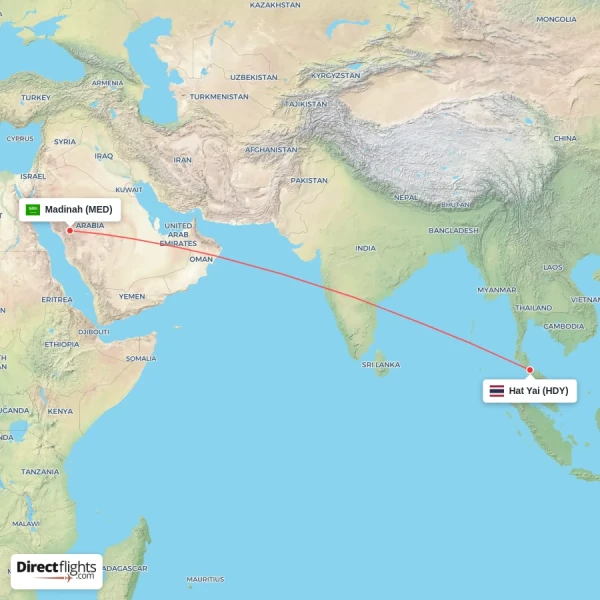 Hat Yai - Madinah direct flight map
