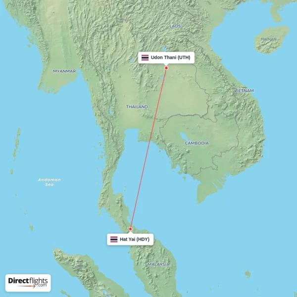 Hat Yai - Udon Thani direct flight map