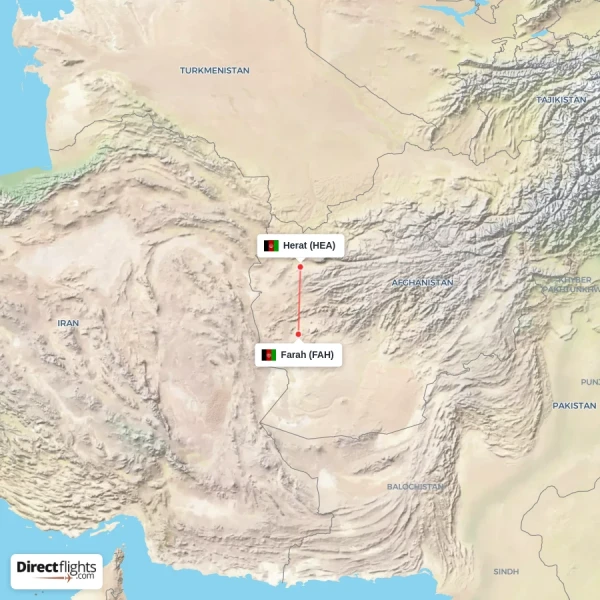 Herat - Farah direct flight map