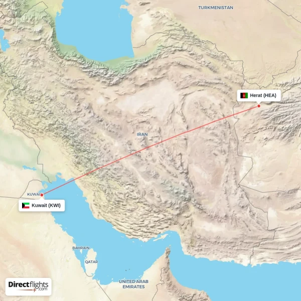 Herat - Kuwait direct flight map