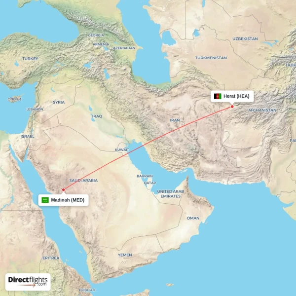 Herat - Madinah direct flight map