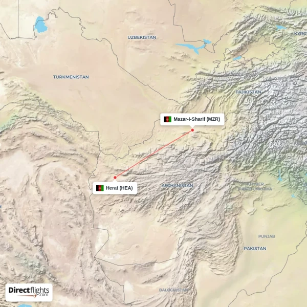 Herat - Mazar-I-Sharif direct flight map
