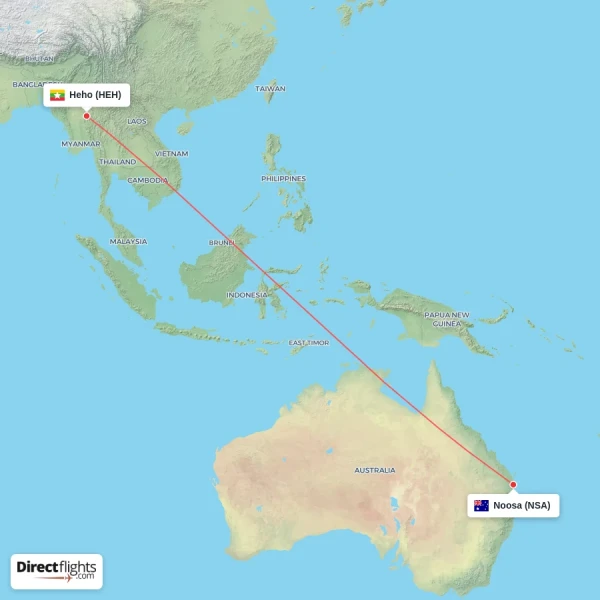 Heho - Noosa direct flight map