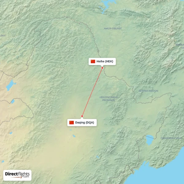 Heihe - Daqing direct flight map