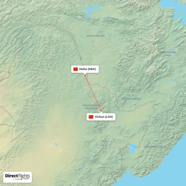 Heihe - Yichun direct flight map